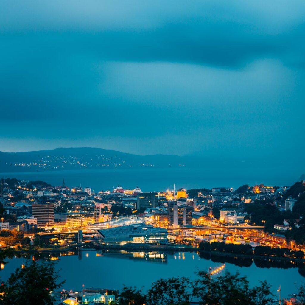 Bergen, Norway. Panoramic View Cityscape Of Bergen And Harbor